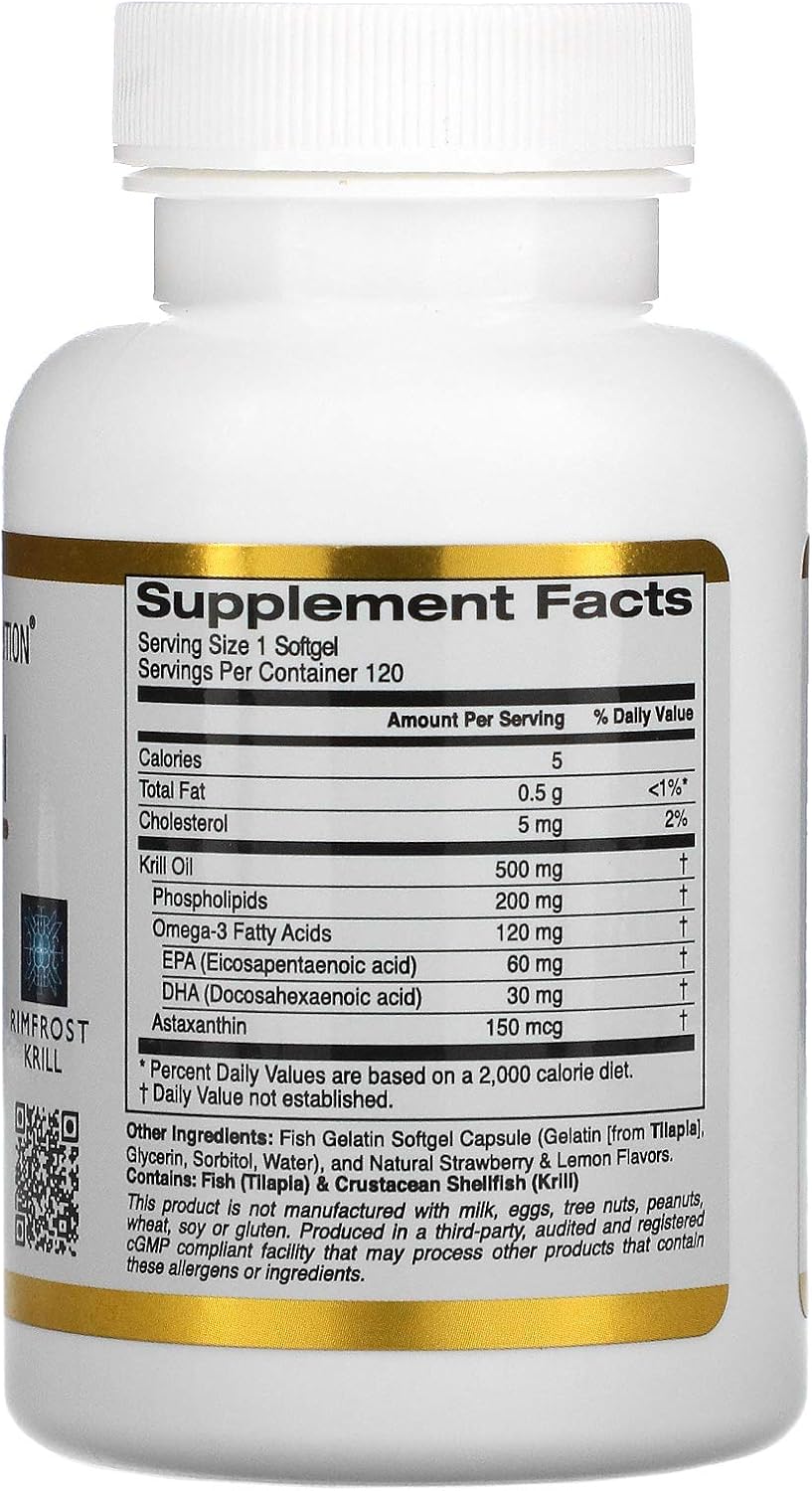 California Gold Nutrition Antarctic Krill Oil Softgels - High Omega-3 with Astaxanthin, Strawberry Lemon Flavor, Non GMO, Gluten Free - 2 Pack, 120 Count