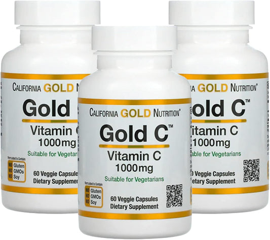 California Gold Nutrition Gold C - 1000 mg Vitamin C Supplement, Immune Support, Seasonal Wellness - USP Grade, Vegetarian, Gluten-Free, Non-GMO - 60 Veggie Capsules x3 Pack
