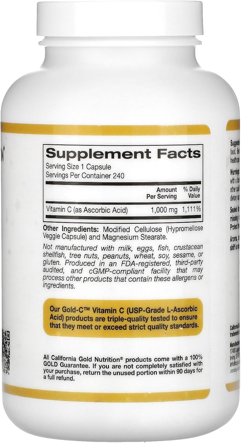 California Gold Nutrition Gold C - 1000mg USP Grade Vitamin C Capsules for Immune Support & Wellness - Vegetarian, Gluten-Free, Non-GMO - 240 Count