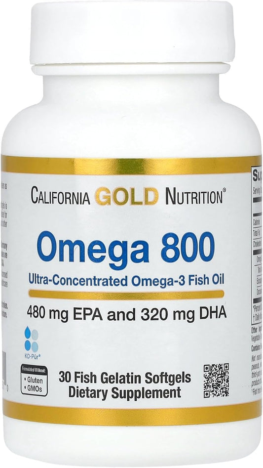 California Gold Nutrition Omega 800 Ultra-Concentrated Fish Oil Softgels 1000mg 30 ct Omega-3 KD-Pur Triglyceride Form