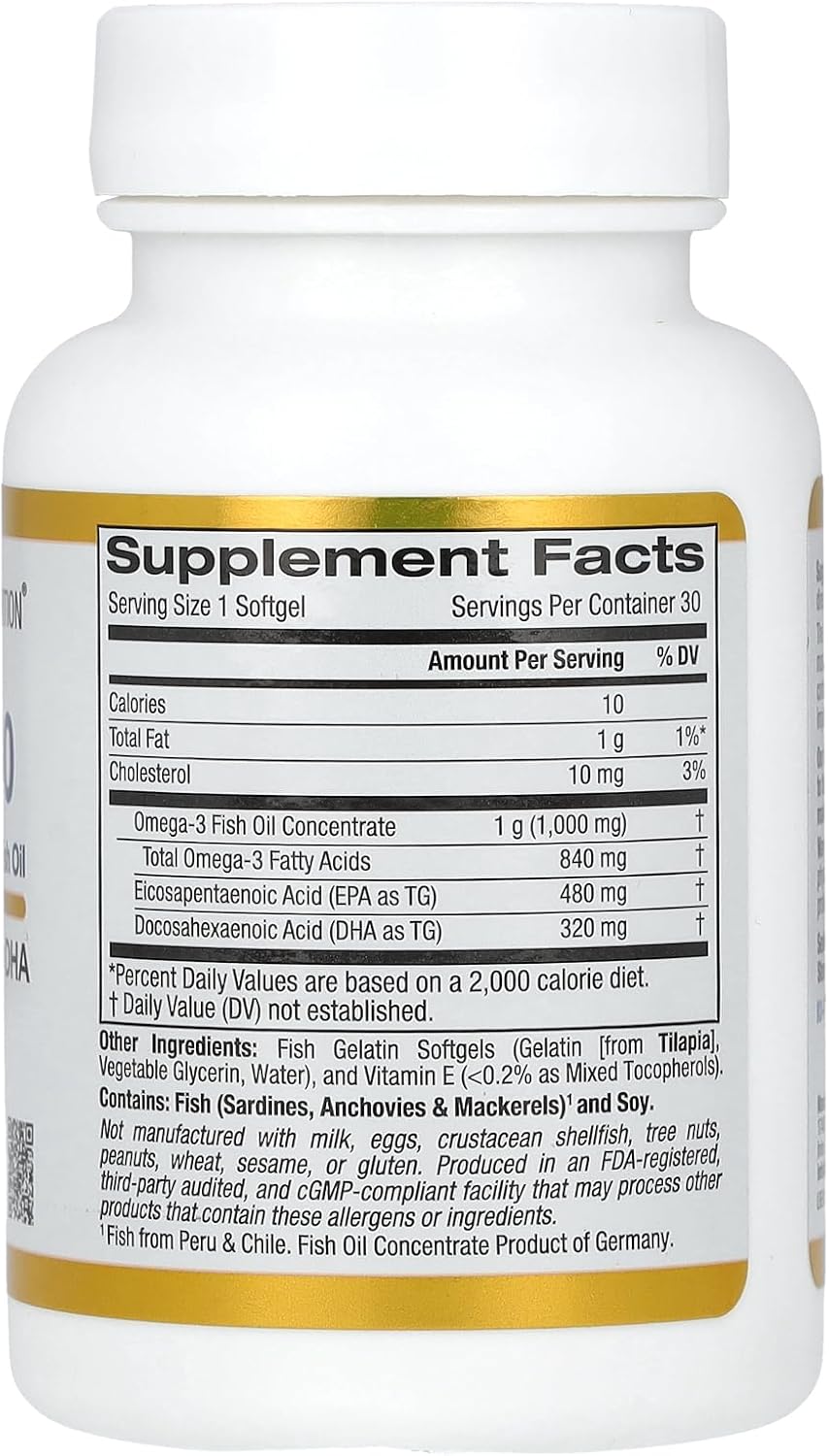 California Gold Nutrition Omega 800 Ultra-Concentrated Fish Oil Softgels 1000mg 30 ct Omega-3 KD-Pur Triglyceride Form