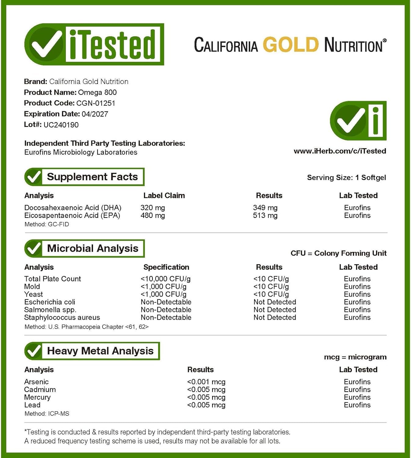 California Gold Nutrition Omega 800 Ultra-Concentrated Fish Oil Softgels 1000mg 30 ct Omega-3 KD-Pur Triglyceride Form