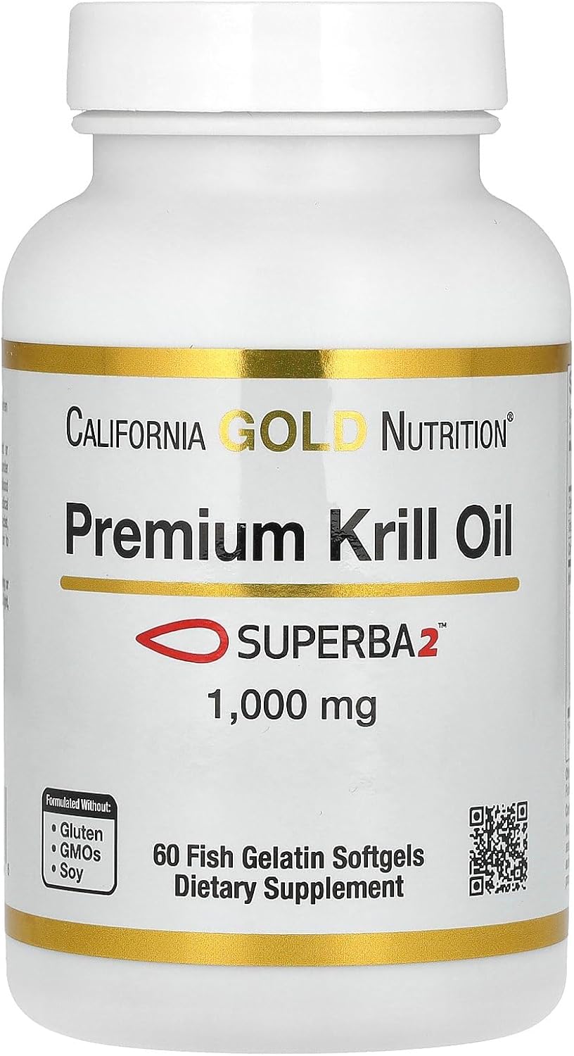 California Gold Nutrition Premium Krill Oil with Superba2 - Antarctic Krill Omega-3s for Heart & Brain Health - Gluten Free, Non-GMO - 1000 mg - 60 Softgels