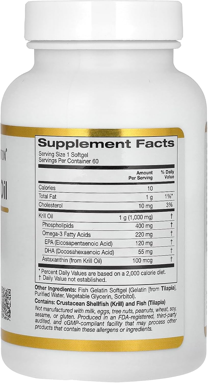 California Gold Nutrition Premium Krill Oil with Superba2 - Antarctic Krill Omega-3s for Heart & Brain Health - Gluten Free, Non-GMO - 1000 mg - 60 Softgels