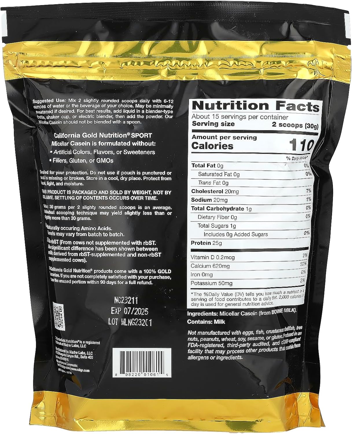 California Gold Nutrition Sport Micellar Casein Unflavored Slow Absorption 16 oz (454 g) Powder