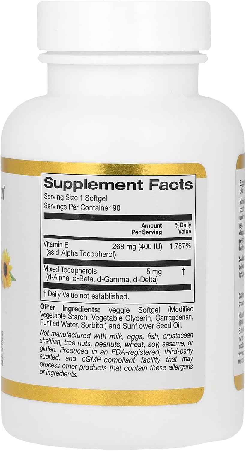 California Gold Nutrition Sunflower Vitamin E Softgels - 400 IU, 90 Veggie Capsules