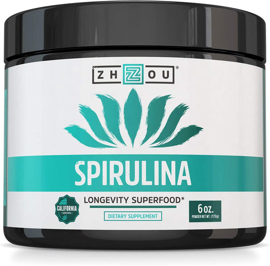 California Grown Zhou Spirulina Powder - Nutrient-Rich Superfood for Smoothies & Juices - 100% Pure, Vegan & Non-GMO - 6 oz, 48 Servings