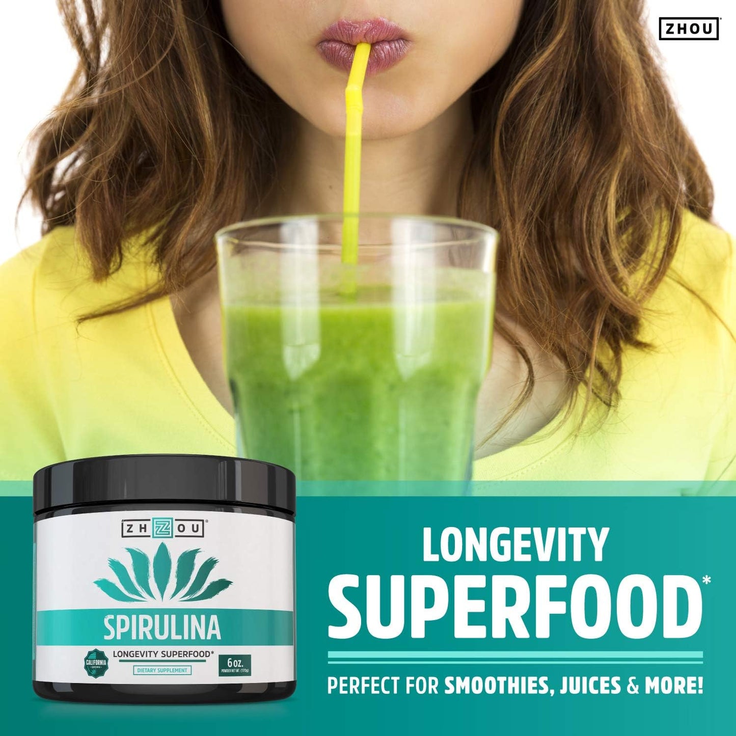 California Grown Zhou Spirulina Powder - Nutrient-Rich Superfood for Smoothies & Juices - 100% Pure, Vegan & Non-GMO - 6 oz, 48 Servings