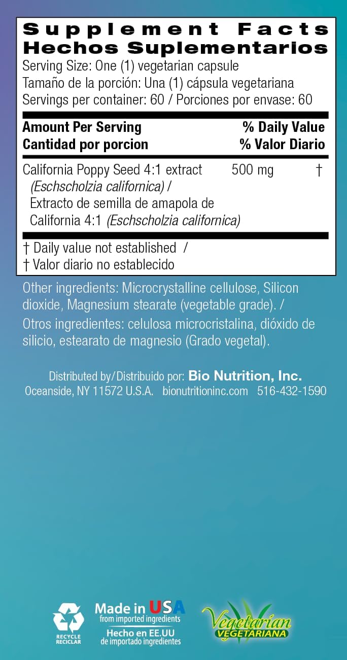 California Poppy Herbal Supplement - 60 Vegetarian Capsules for Natural Relaxation & Stress Relief, Calm Sleep & Mood Support by Bio Nutrition