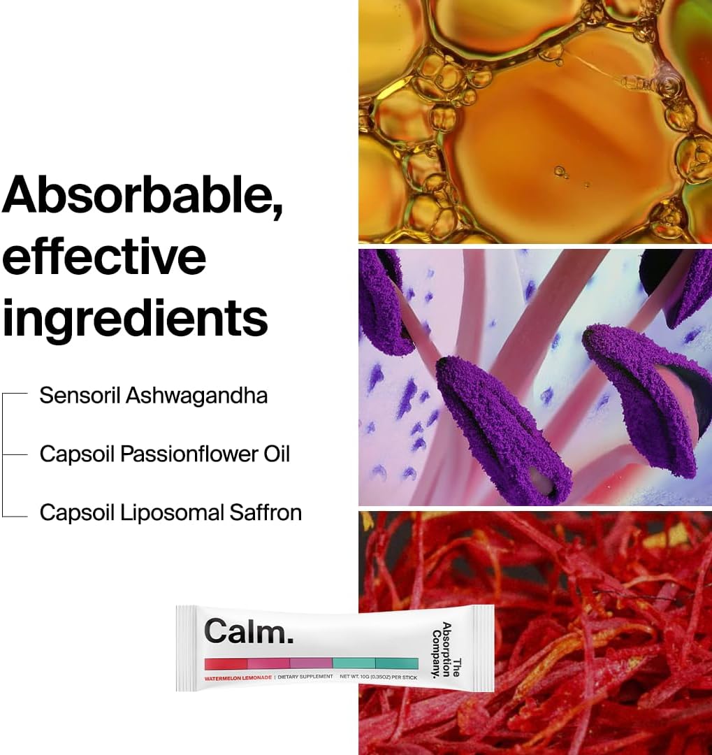 Calm Drink Mix with Magnesium, Ashwagandha, L-Theanine, & Vitamin D - Supports Cortisol Regulation and Mood - Watermelon Lemonade Flavor 28 Sticks for Men & Women