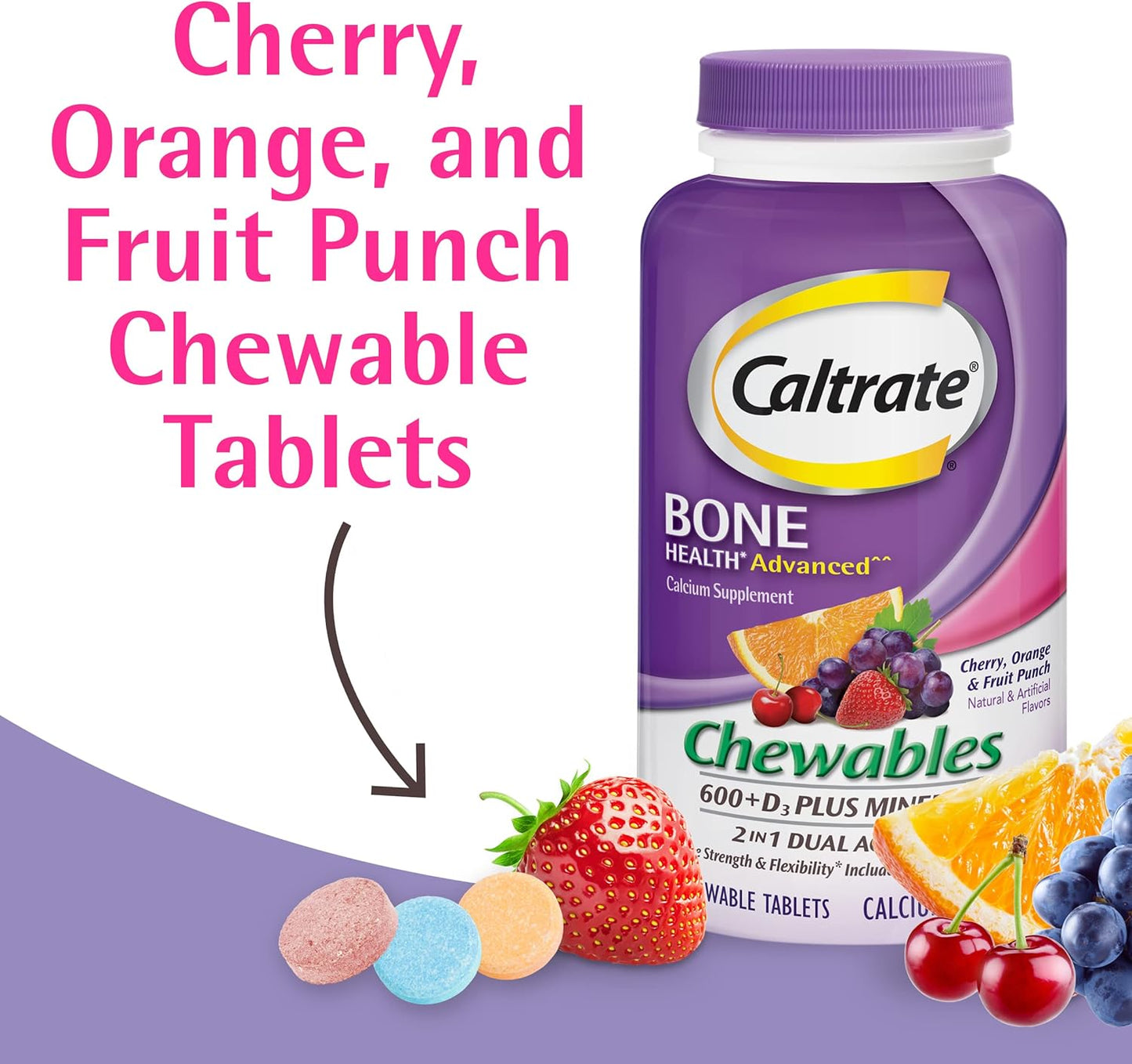 Caltrate Chewables 600 Plus D3 with Minerals Calcium Vitamin D Supplement - Cherry, Orange, Fruit Punch - 60 Count