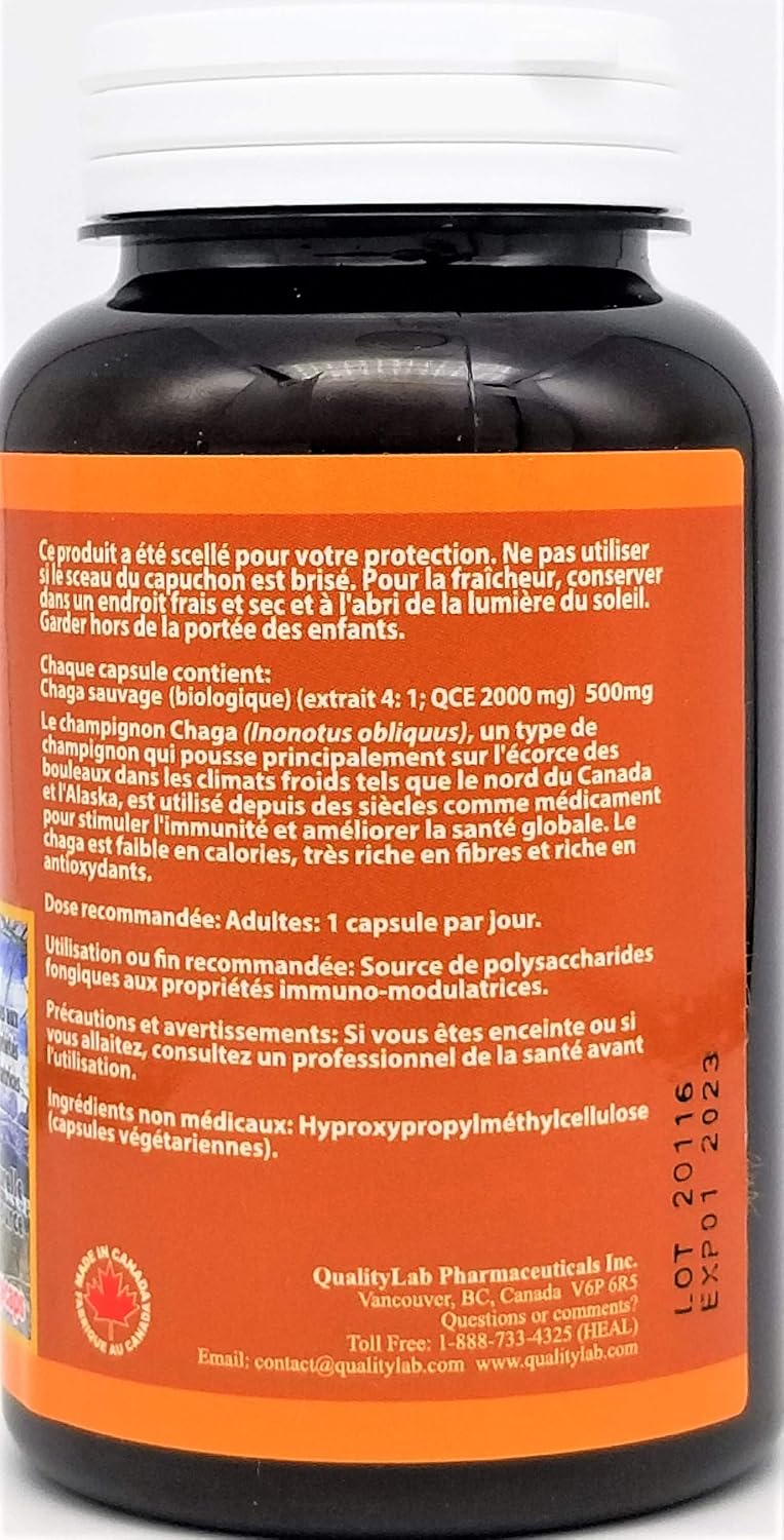 Canadian-Made QUALITYLAB Wild Chaga 500mg Supplement - 120 Vegetarian Capsules
