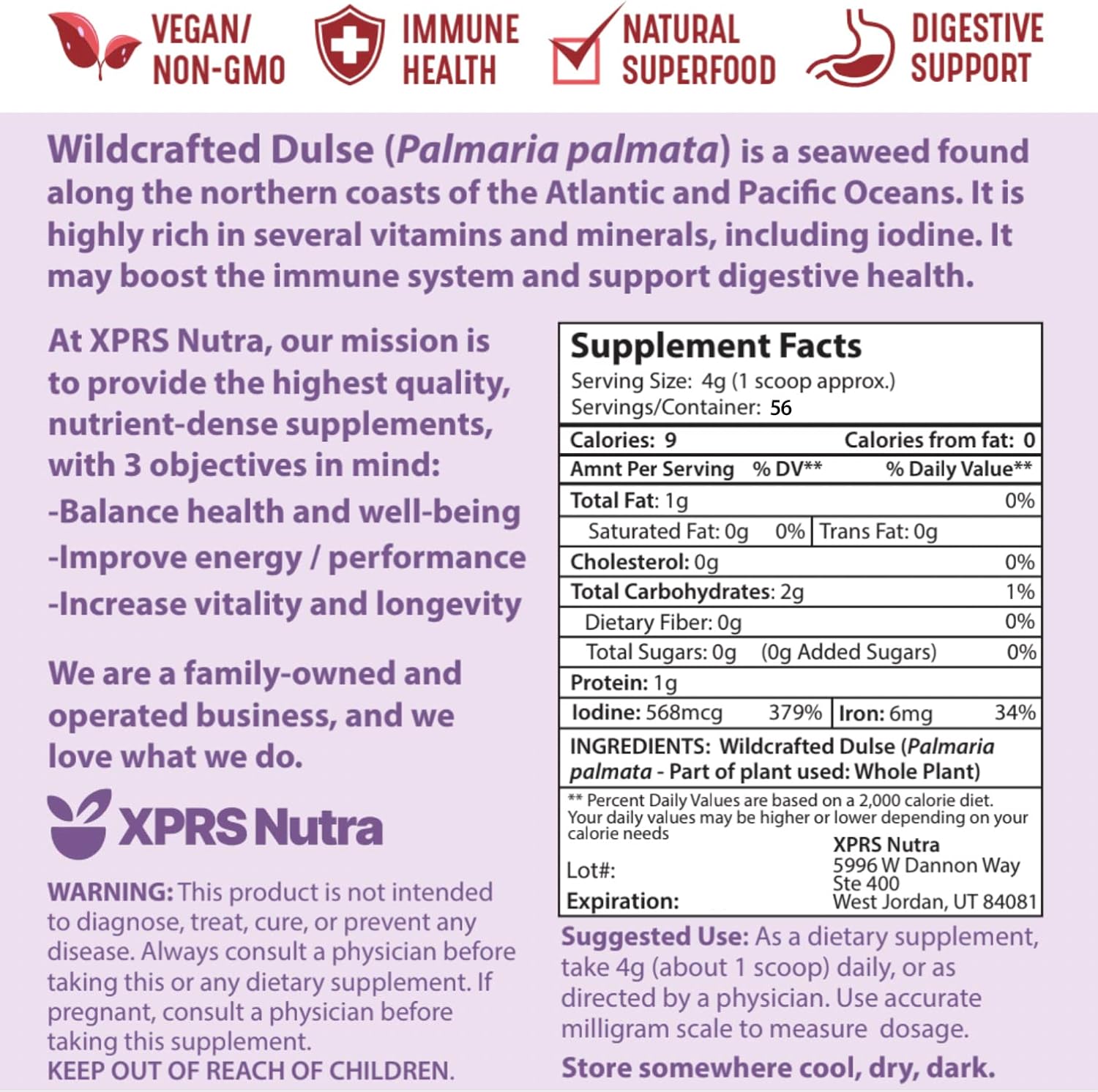 Canadian Wildcrafted Nova Scotia Dulse Powder for Thyroid and Bones - Vegan Friendly Atlantic Dulse Powder (8 oz) - XPRS Nutra Dulse Powder (Palmaria Palmata)