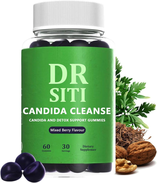 Candida Cleanse Gummies with Black Walnut, PAU D'Arco & Wormwood - Dr Siti 10-in-1 Detox Support, Non-GMO - 60 Gummies