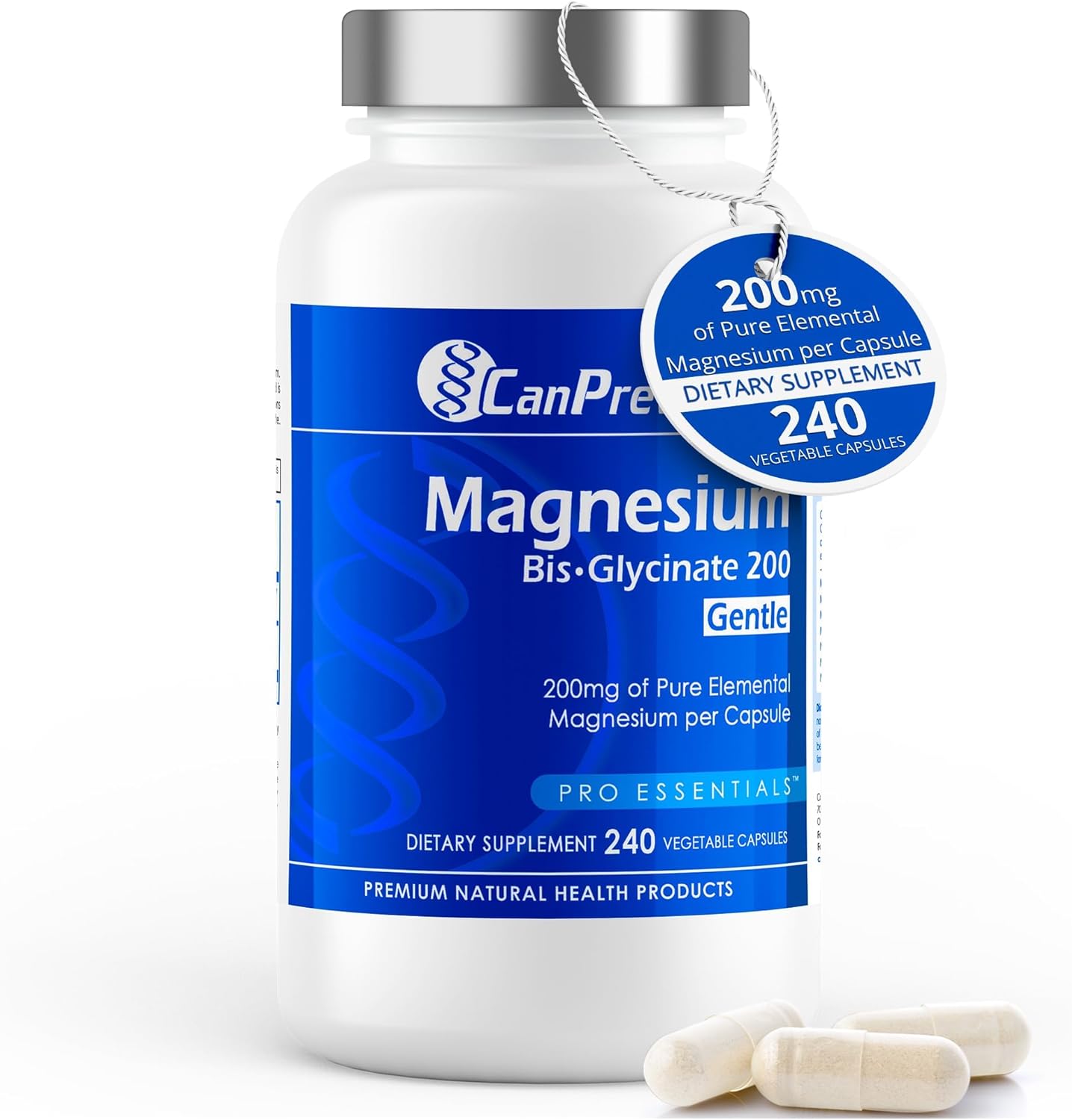 CanPrev Magnesium BisGlycinate Gentle 200mg, 240 v-Caps - Pure Elemental Supplement for Bone & Muscle Support, Stomach-Friendly Formula, 240-Day Supply