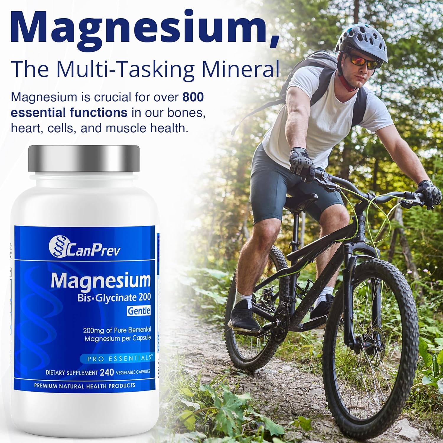 CanPrev Magnesium BisGlycinate Gentle 200mg, 240 v-Caps - Pure Elemental Supplement for Bone & Muscle Support, Stomach-Friendly Formula, 240-Day Supply