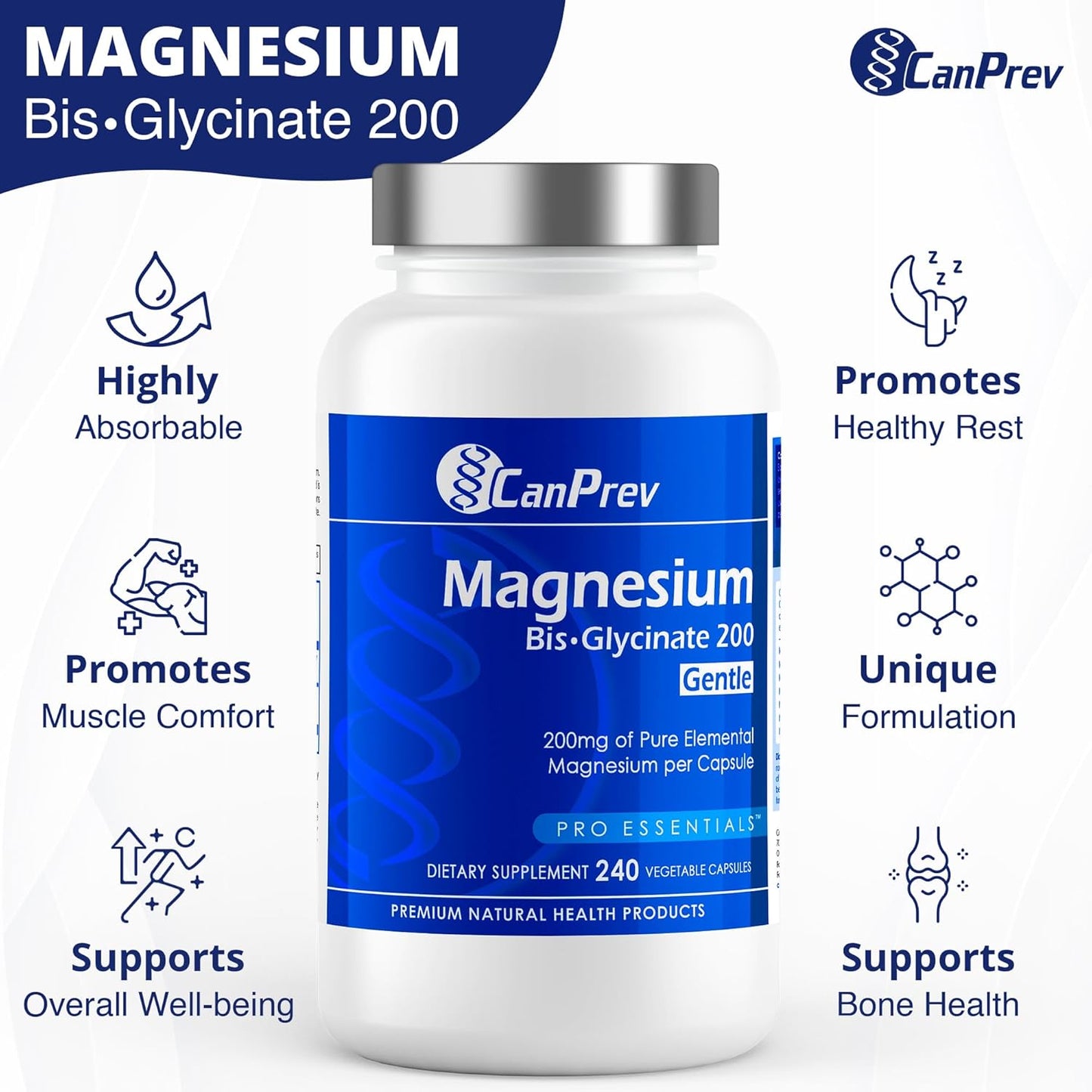 CanPrev Magnesium BisGlycinate Gentle 200mg, 240 v-Caps - Pure Elemental Supplement for Bone & Muscle Support, Stomach-Friendly Formula, 240-Day Supply