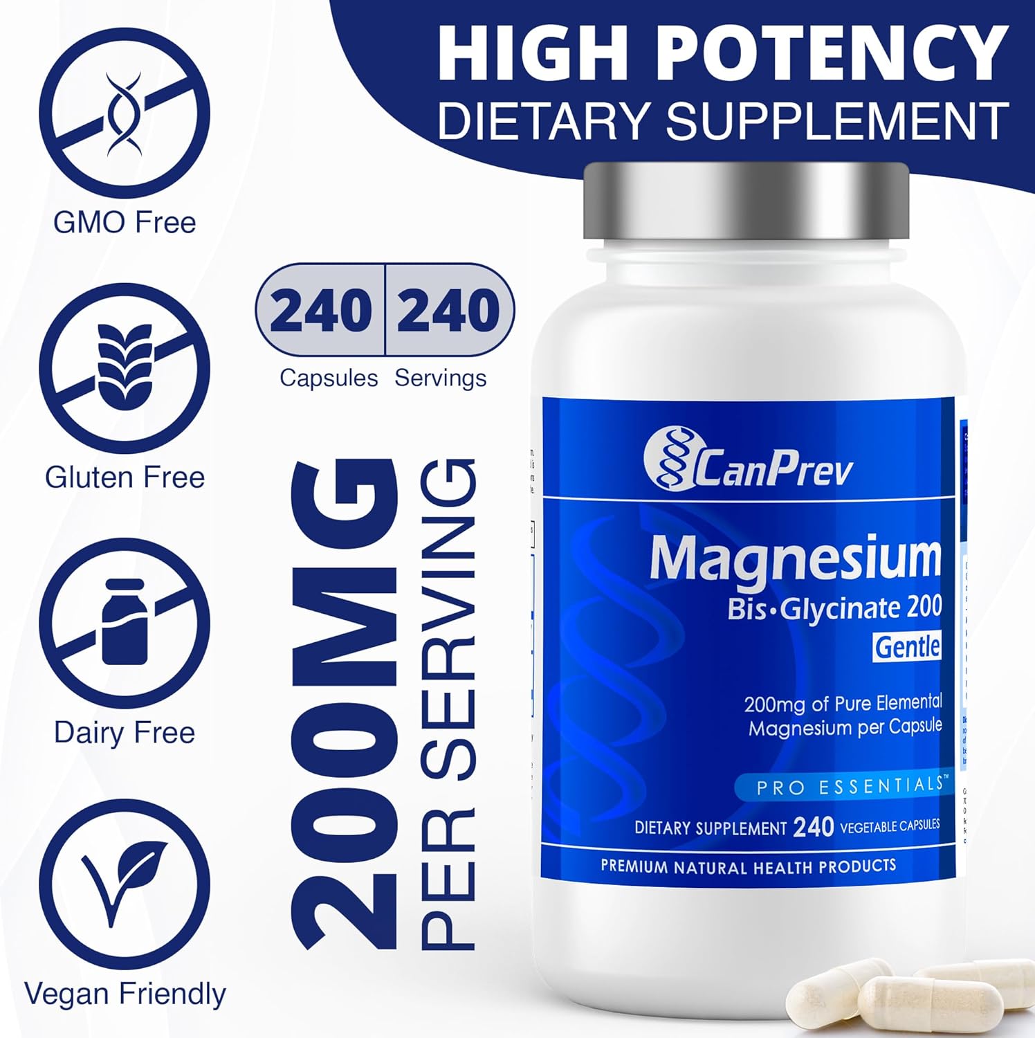 CanPrev Magnesium BisGlycinate Gentle 200mg, 240 v-Caps - Pure Elemental Supplement for Bone & Muscle Support, Stomach-Friendly Formula, 240-Day Supply
