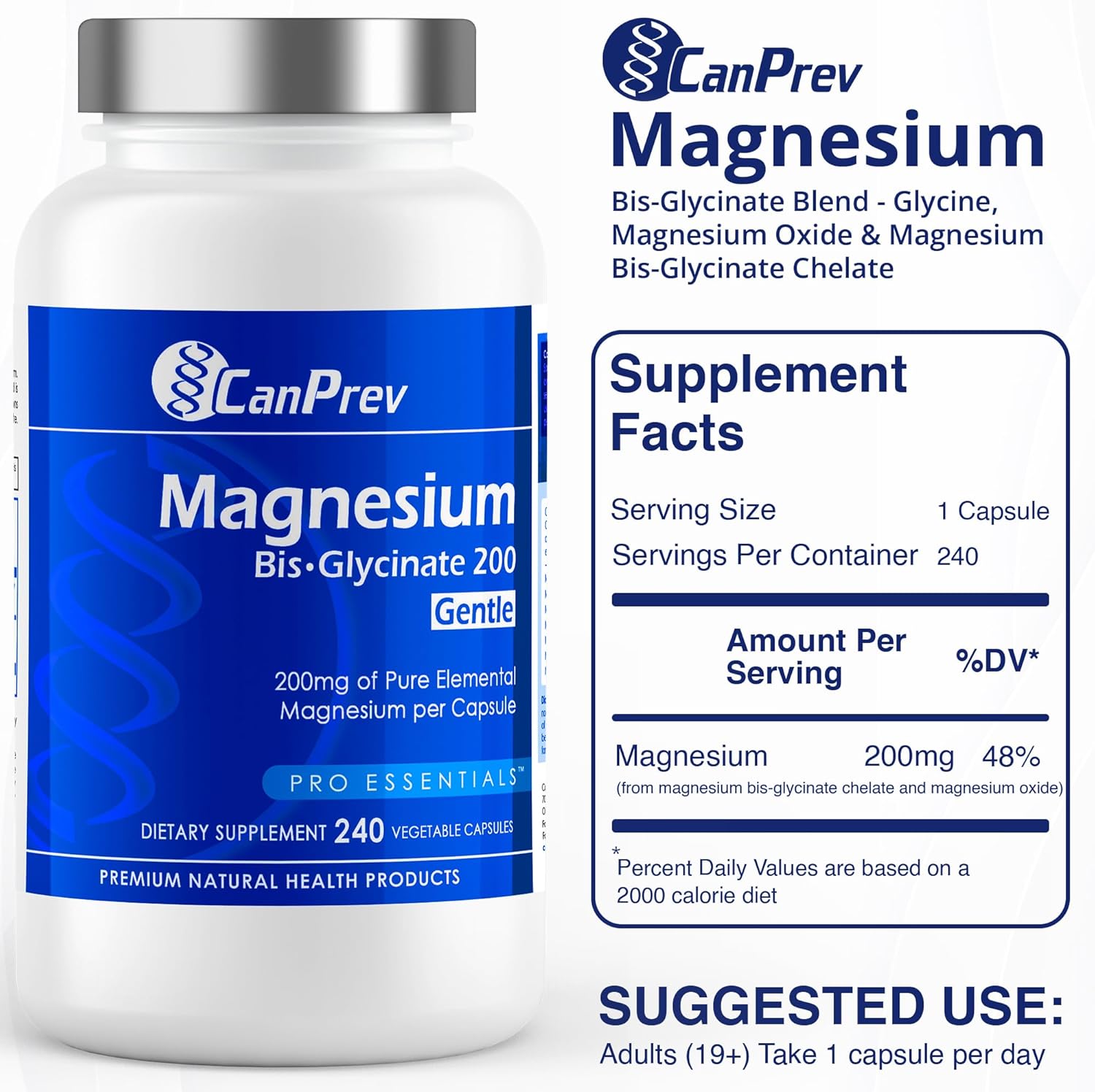 CanPrev Magnesium BisGlycinate Gentle 200mg, 240 v-Caps - Pure Elemental Supplement for Bone & Muscle Support, Stomach-Friendly Formula, 240-Day Supply