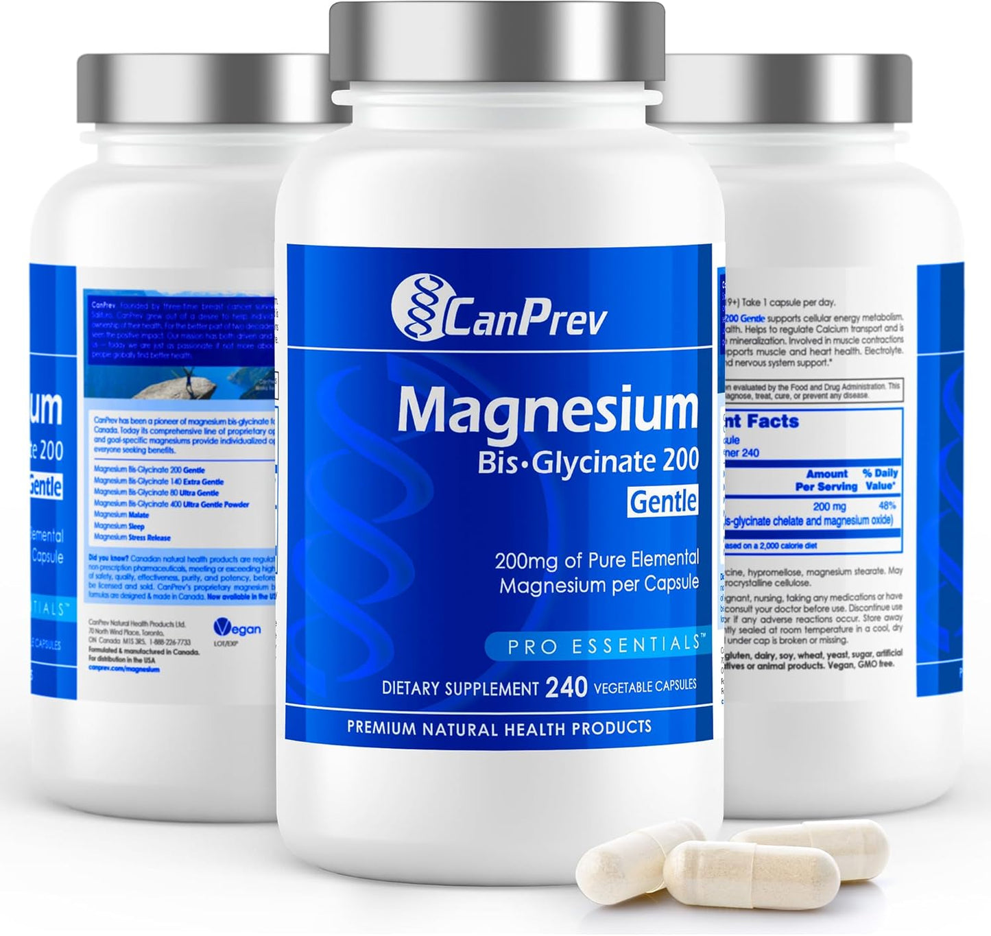 CanPrev Magnesium BisGlycinate Gentle 200mg, 240 v-Caps - Pure Elemental Supplement for Bone & Muscle Support, Stomach-Friendly Formula, 240-Day Supply