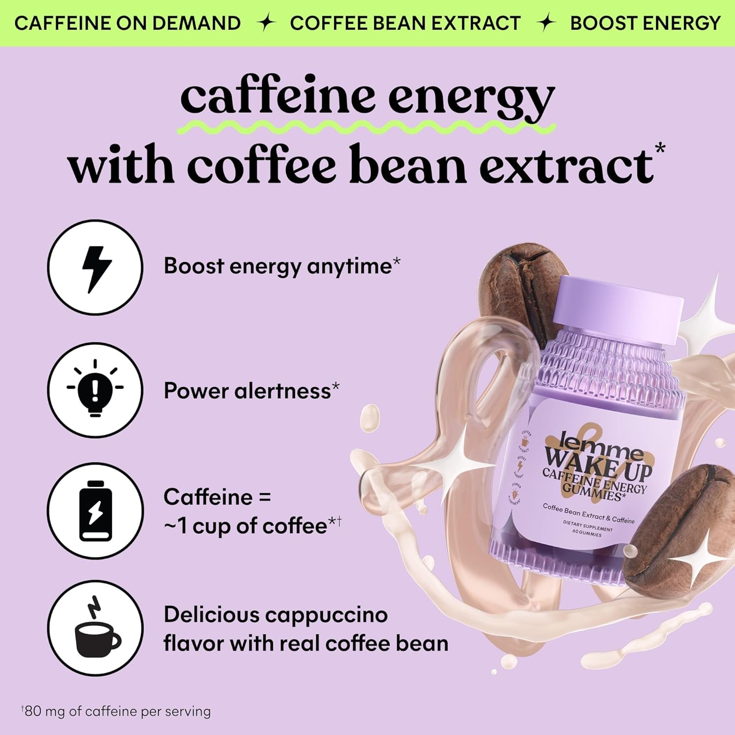 Cappuccino Flavored Vegan Caffeine Energy Gummies - 80mg per Serving, Coffee Bean Extract, Gluten Free - 60 ct, 1 Month Supply