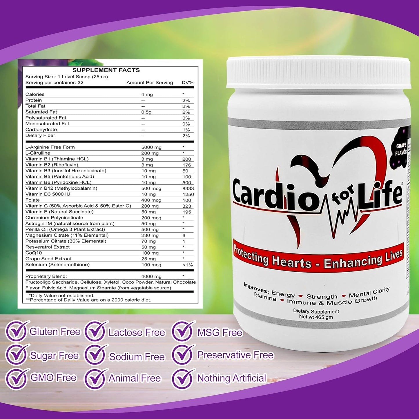 CardioForLife 16 oz. Powder with AstraGin and Grape Flavor - Heart Health Supplement