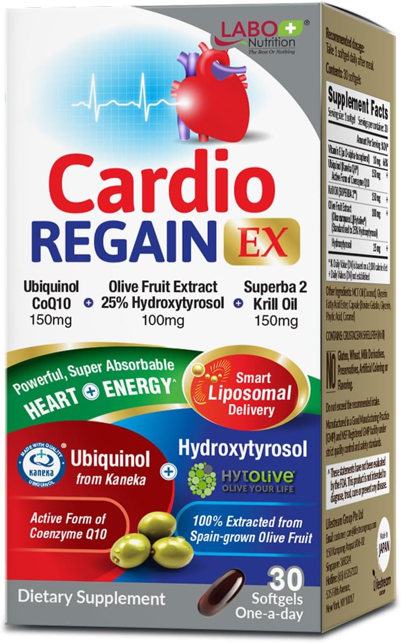 CardioREGAIN EX: Ubiquinol CoQ10 with Kaneka QH 150mg, Olive Fruit Extract, 25% Hydroxytyrosol, Enhanced Heart & Cellular Energy Support