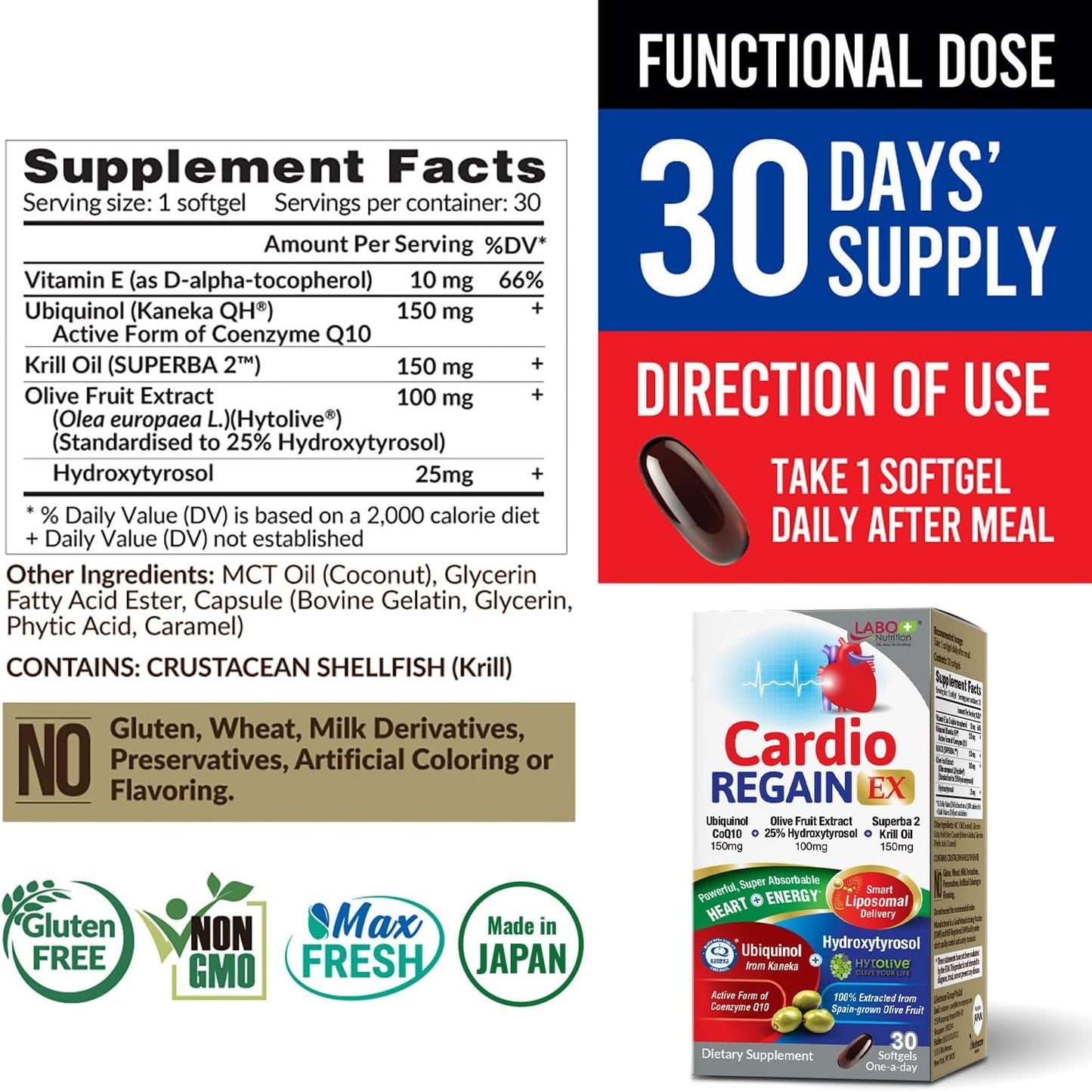 CardioREGAIN EX: Ubiquinol CoQ10 with Kaneka QH 150mg, Olive Fruit Extract, 25% Hydroxytyrosol, Enhanced Heart & Cellular Energy Support