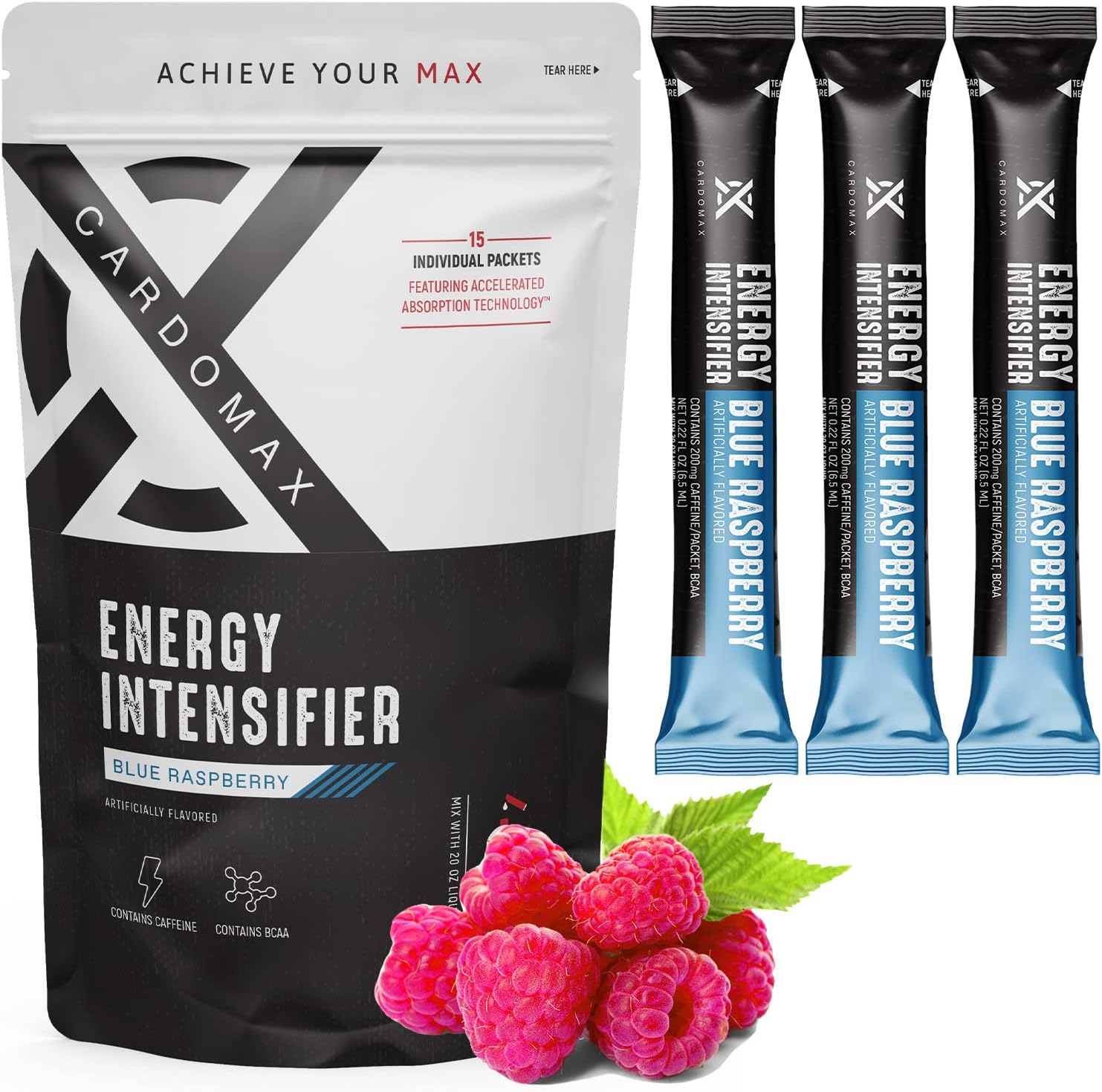 CardoMax Energy Intensifier - Blue Raspberry Liquid Energy Boost with 200mg Caffeine, BCAA, Vitamin B12, B6, B3 - Keto, Vegan, Sugar-Free