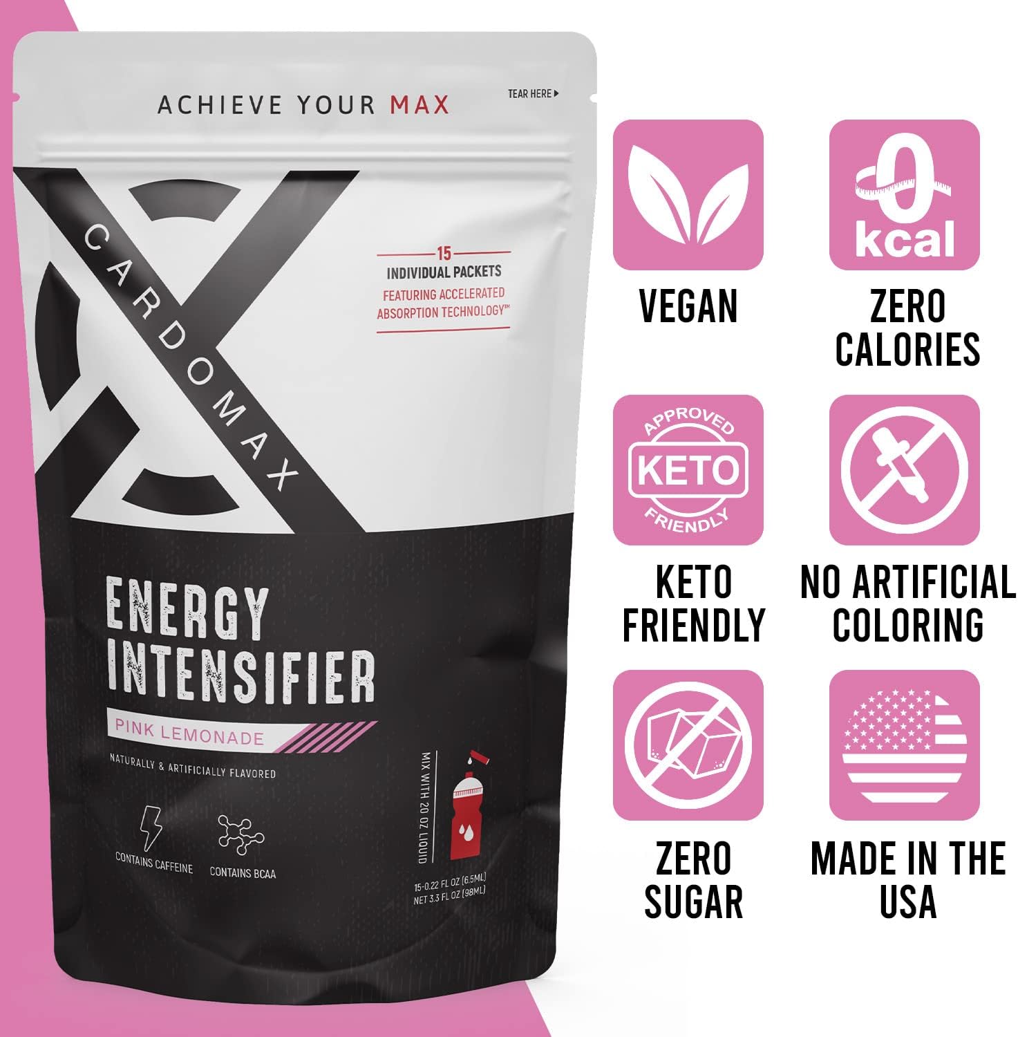 CARDOMAX Energy Intensifier Liquid Booster with BCAAs, 100% Vitamins B12, B6, B3 - Pink Lemonade Flavor, Keto, Vegan, Sugar-Free