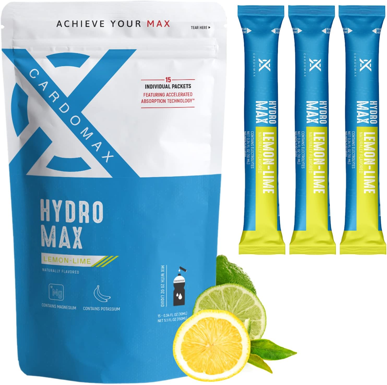 CardoMax Hydration Drink Mix - Electrolyte Hydromax Packets, Zero Calories, Sugar-Free, Keto-Friendly - 15 Sticks (Lemon Lime)