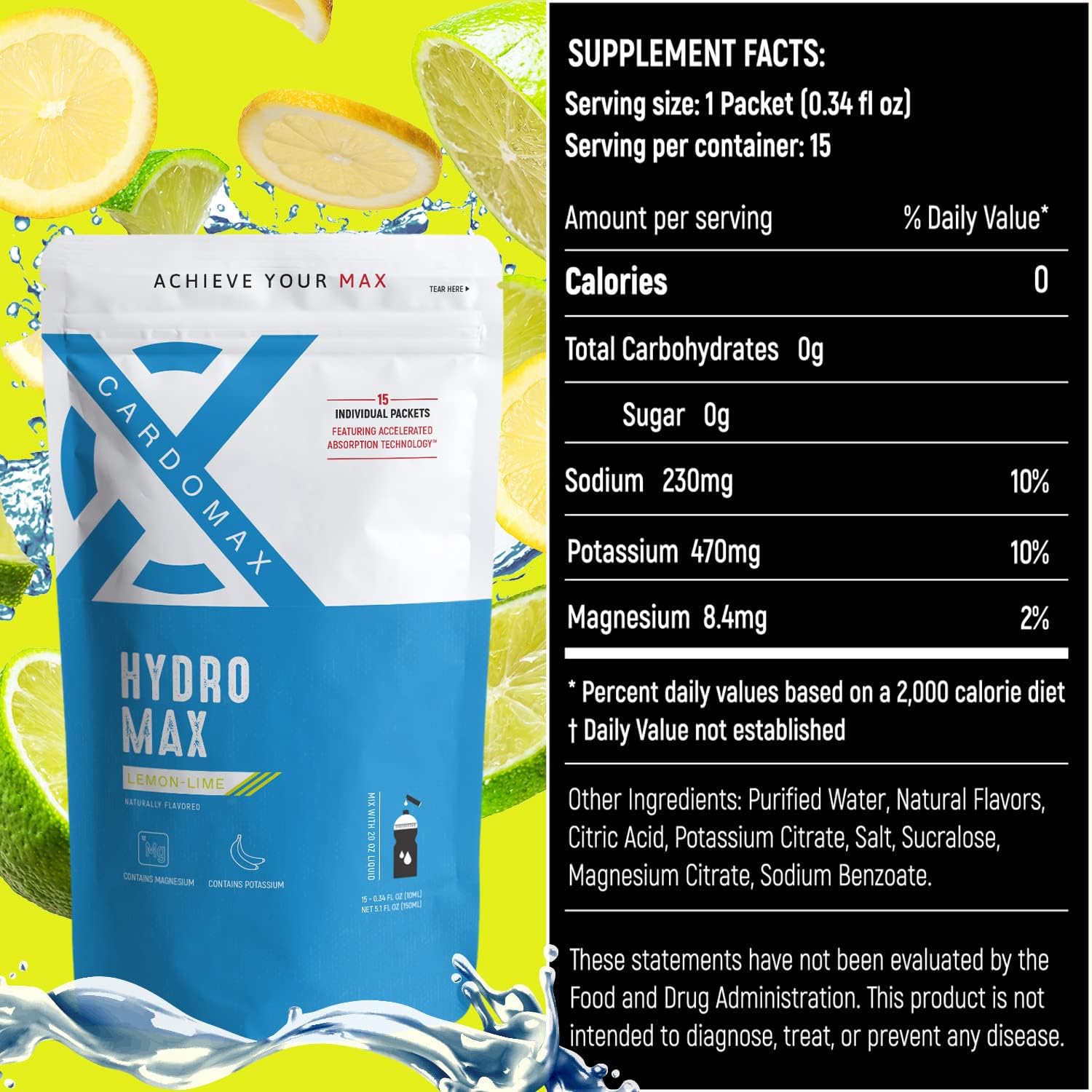 CardoMax Hydration Drink Mix - Electrolyte Hydromax Packets, Zero Calories, Sugar-Free, Keto-Friendly - 15 Sticks (Lemon Lime)