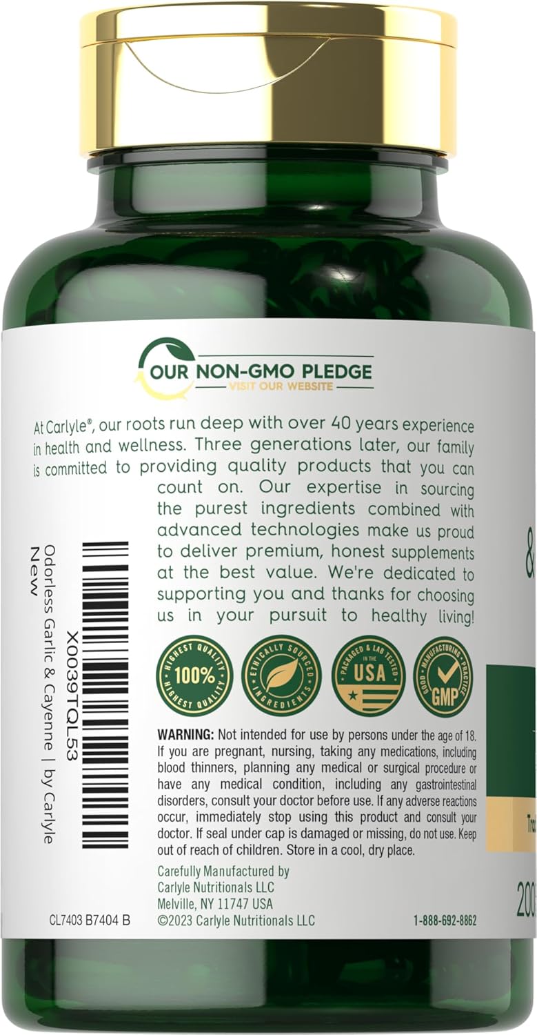 Carllyle Odorless Garlic and Cayenne 1150mg Softgels - 200 Count - Non-GMO, Gluten Free Supplement