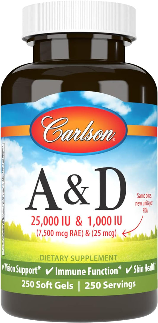 Carlson A & D Vision Support and Skin Health Softgels - 25000 IU Vitamin A, 1000 IU Vitamin D, 250 Softgels