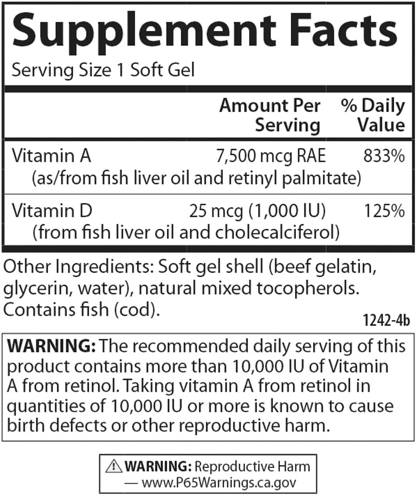 Carlson A & D Vision Support and Skin Health Softgels - 25000 IU Vitamin A, 1000 IU Vitamin D, 250 Softgels