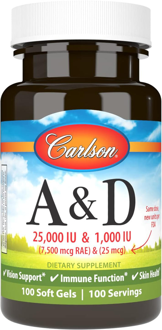 Carlson A & D Vitamins 100 Softgels - 25000 IU Vitamin A, 1000 IU Vitamin D, Vision & Skin Support