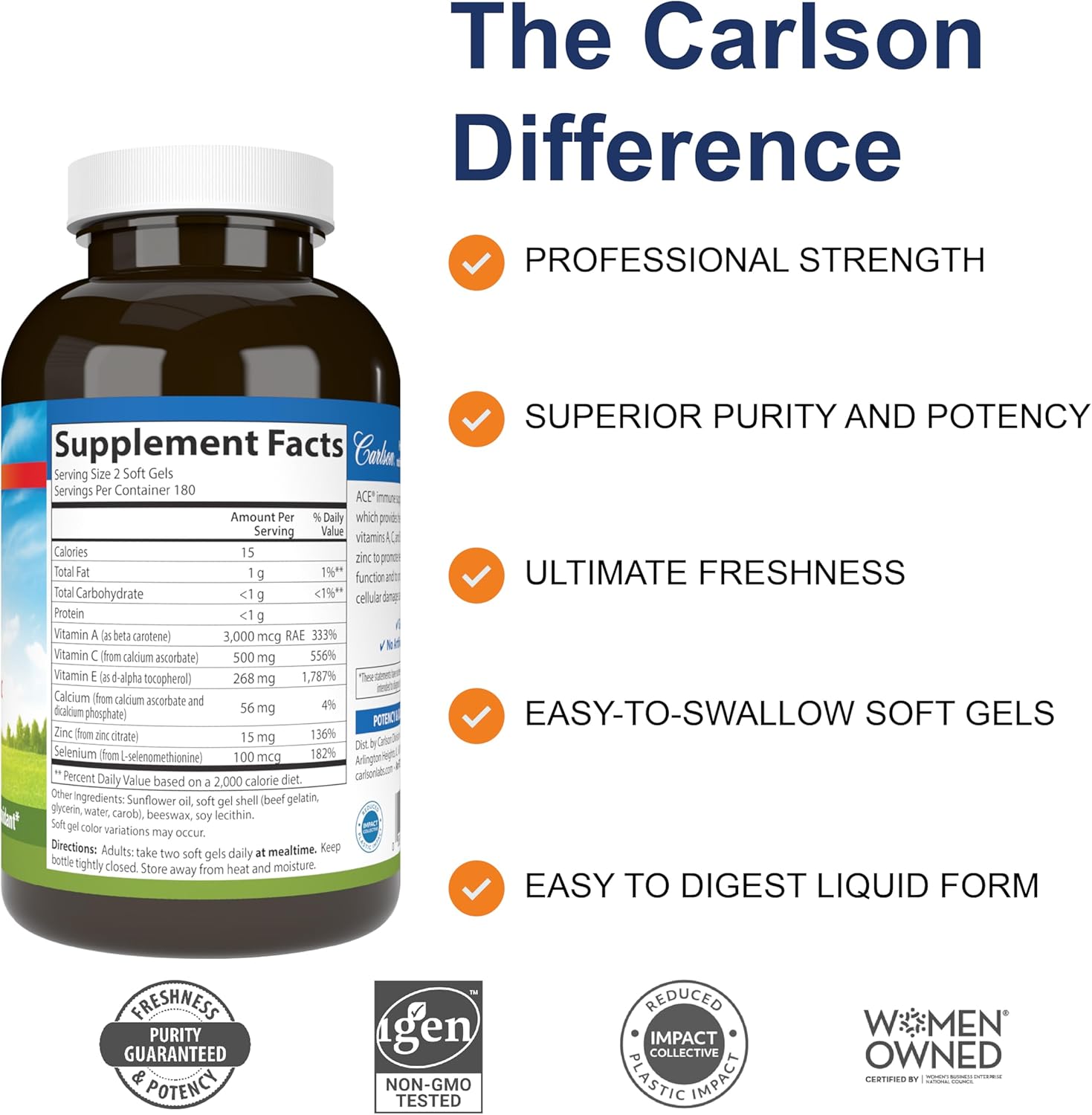 Carlson ACES + Zn Softgels Multivitamin with Zinc, Vitamins A, C, E, Selenium for Cellular Health & Immune Support, Antioxidant Formula