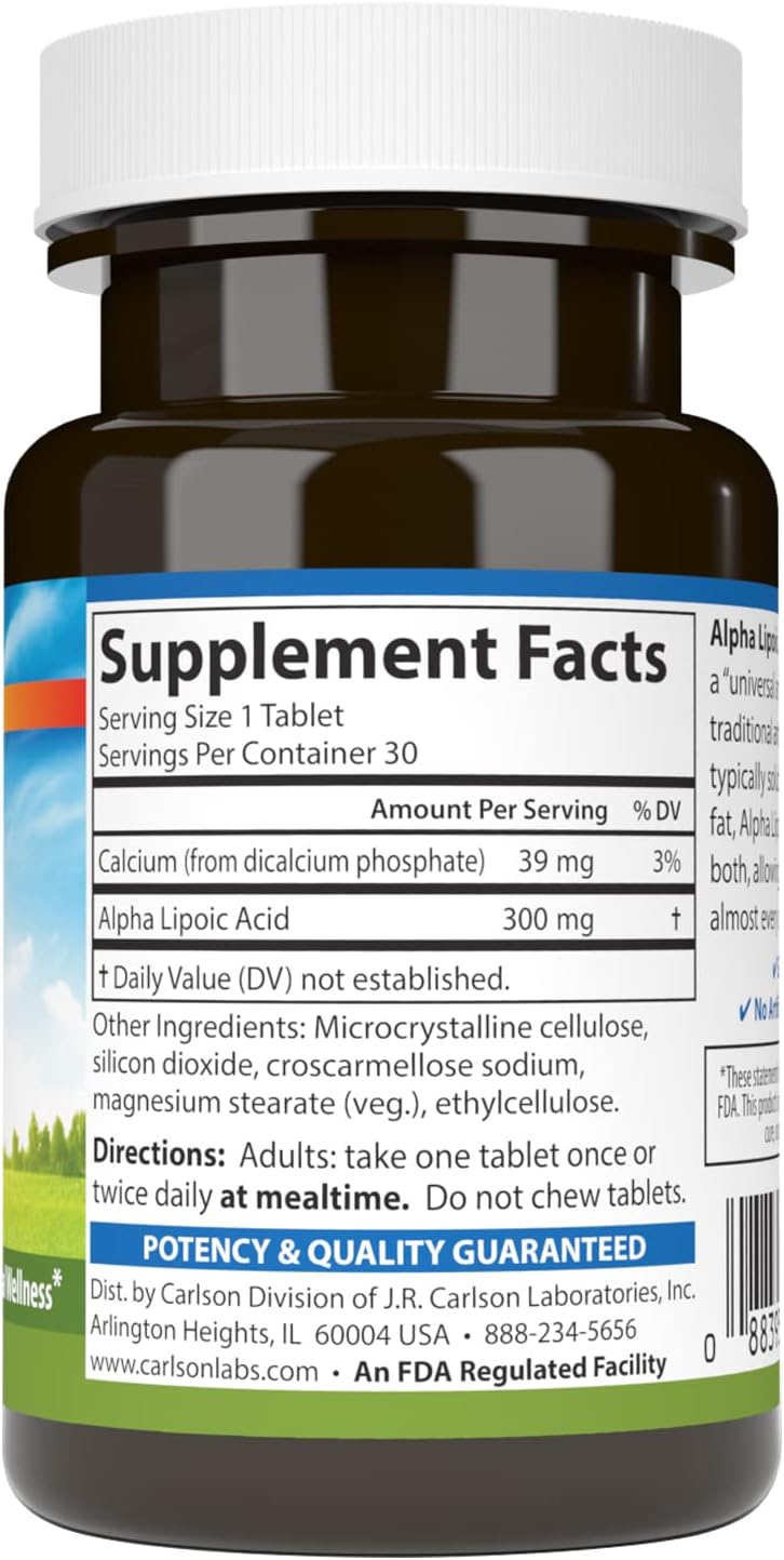 Carlson Alpha Lipoic Acid 300mg Tablets - Promotes Energy Production and Acts as a Universal Antioxidant - 30 Count