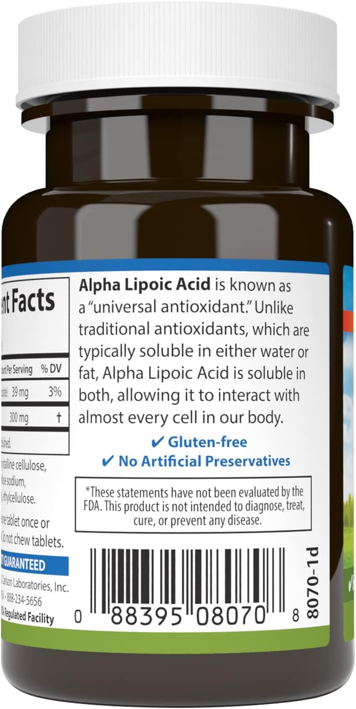 Carlson Alpha Lipoic Acid 300mg Tablets - Promotes Energy Production and Acts as a Universal Antioxidant - 30 Count