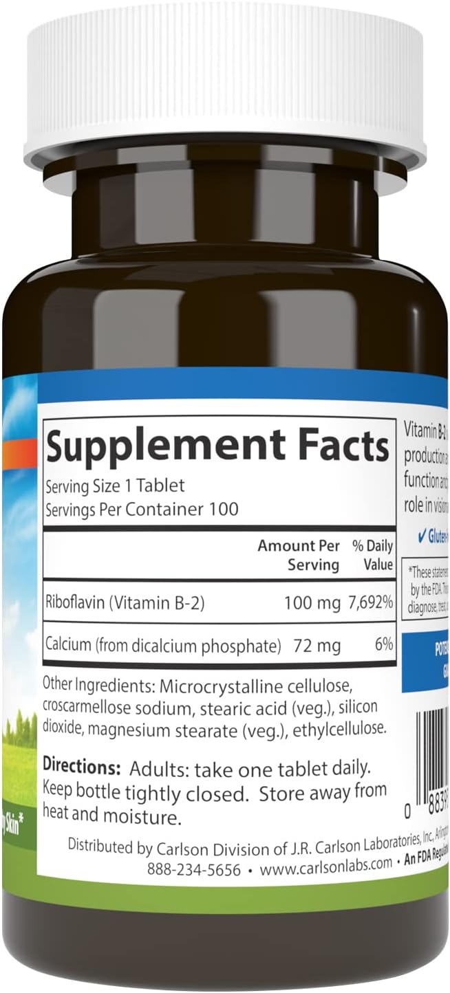 Carlson B-2 Riboflavin 100mg Tablets for Energy, Vision, and Skin - 100 Vegetarian Tablets
