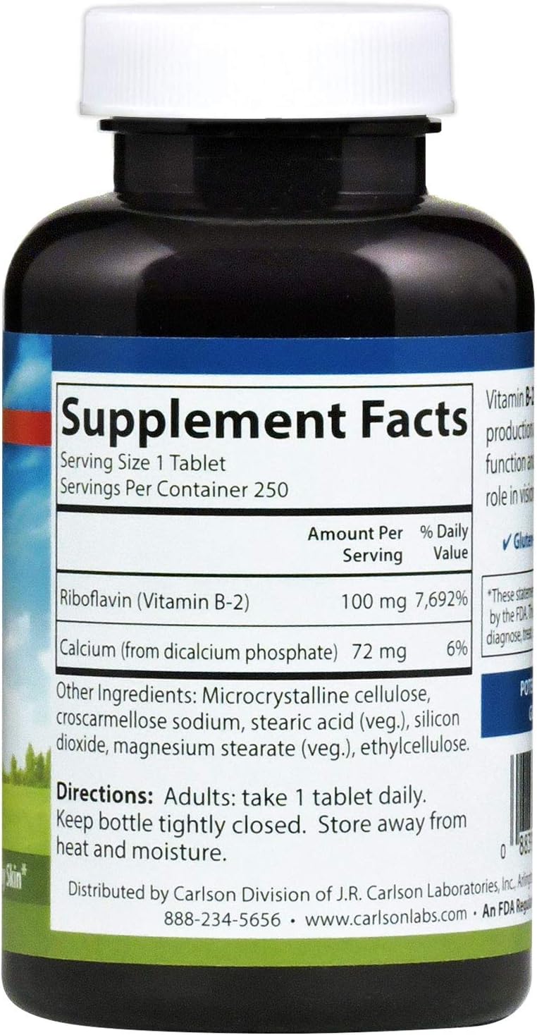 Carlson B-2 Riboflavin 100mg Tablets for Energy, Vision, and Skin - 250 Vegetarian Tablets