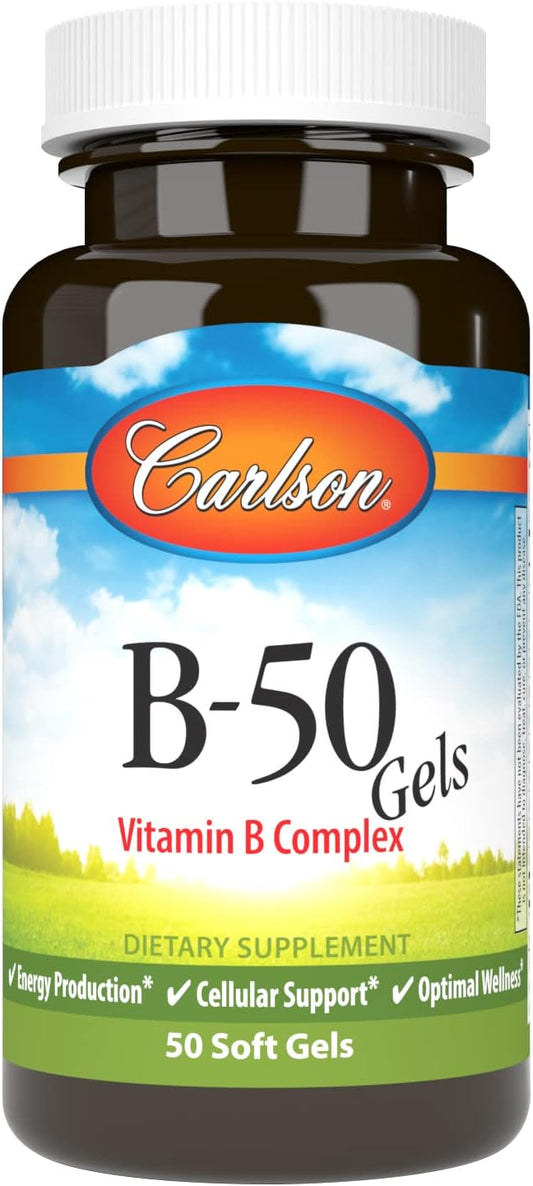 Carlson B-50 Gels: Vitamin B Complex for Energy Production, Cellular Support, and Wellness - 50 Softgels