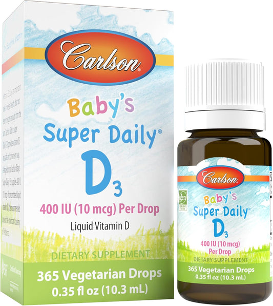 Carlson Baby's Super Daily D3 Vitamin Drops - 1-Year Supply, 400 IU (10 mcg) per Drop, Vegetarian Liquid Supplement for Infants and Toddlers, Unflavored