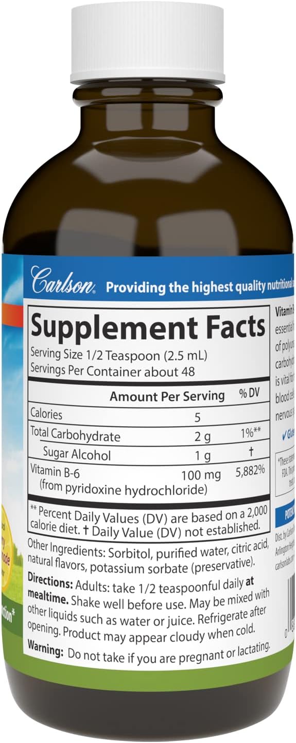 Carlson Berry Lemonade Flavor Vitamin B-6 Liquid Supplement for Energy and Heart Health - 120 mL