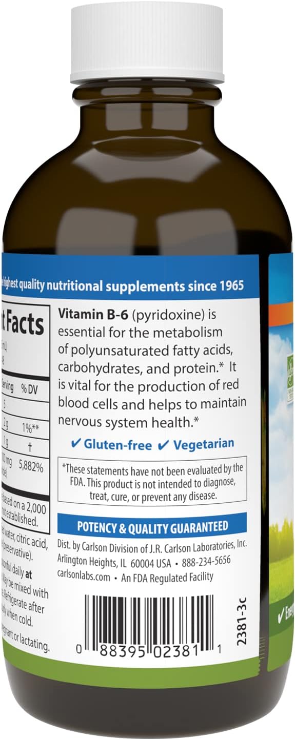 Carlson Berry Lemonade Flavor Vitamin B-6 Liquid Supplement for Energy and Heart Health - 120 mL