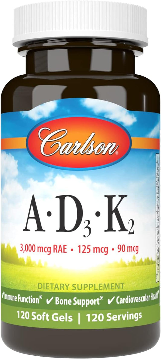 Carlson Bone Building Vitamin A, D3, K2 Soft Gels - 3000 mcg RAE Vitamin A, 125 mcg Vitamin D3, 90 mcg Vitamin K2 as MK-7, 120 Count