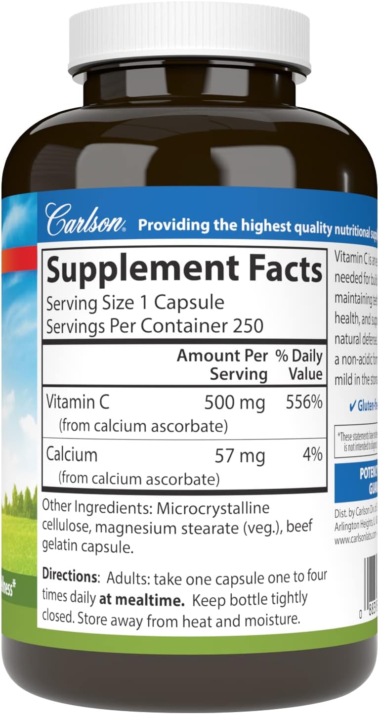 Carlson Buffered Vitamin C 500mg Capsules - Immune Support & Antioxidant Boost, 250 Count