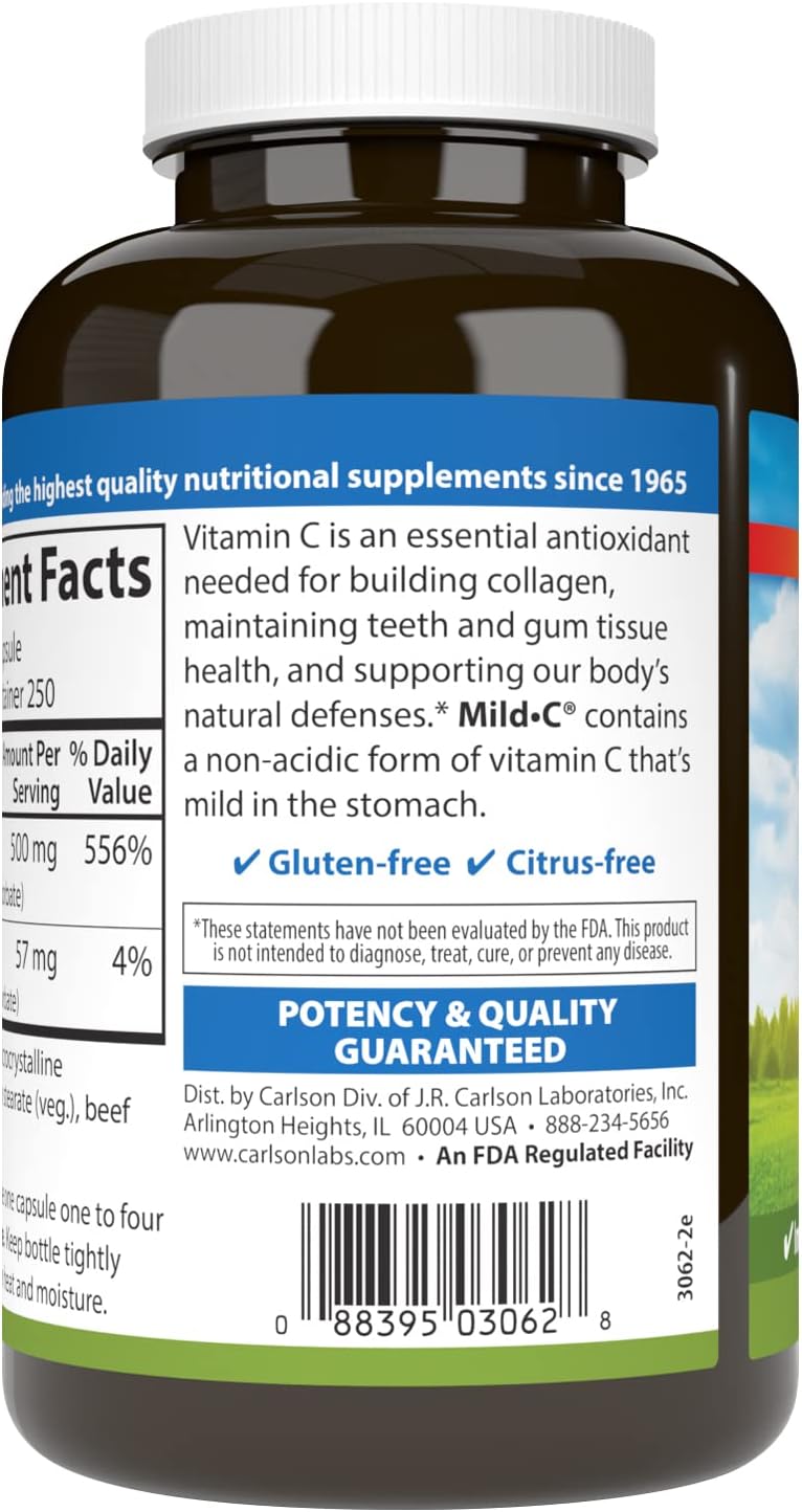 Carlson Buffered Vitamin C 500mg Capsules - Immune Support & Antioxidant Boost, 250 Count