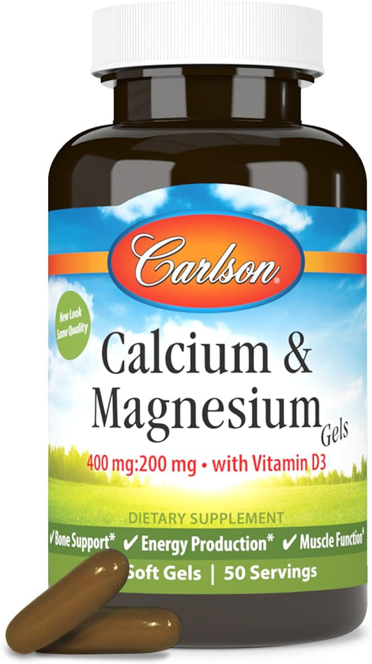 Carlson Cal-Mag Gels: 2:1 Calcium-Magnesium Ratio for Bone Support & Energy, 100 Softgels
