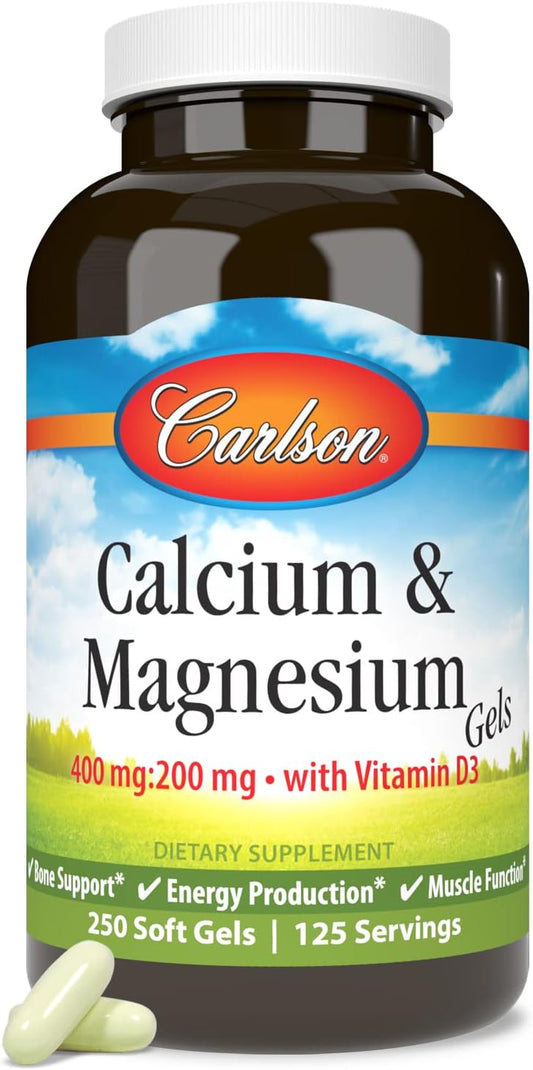 Carlson Cal-Mag Gels: 2:1 Calcium to Magnesium Ratio, Vitamin D, Bone & Energy Support, 250 Softgels